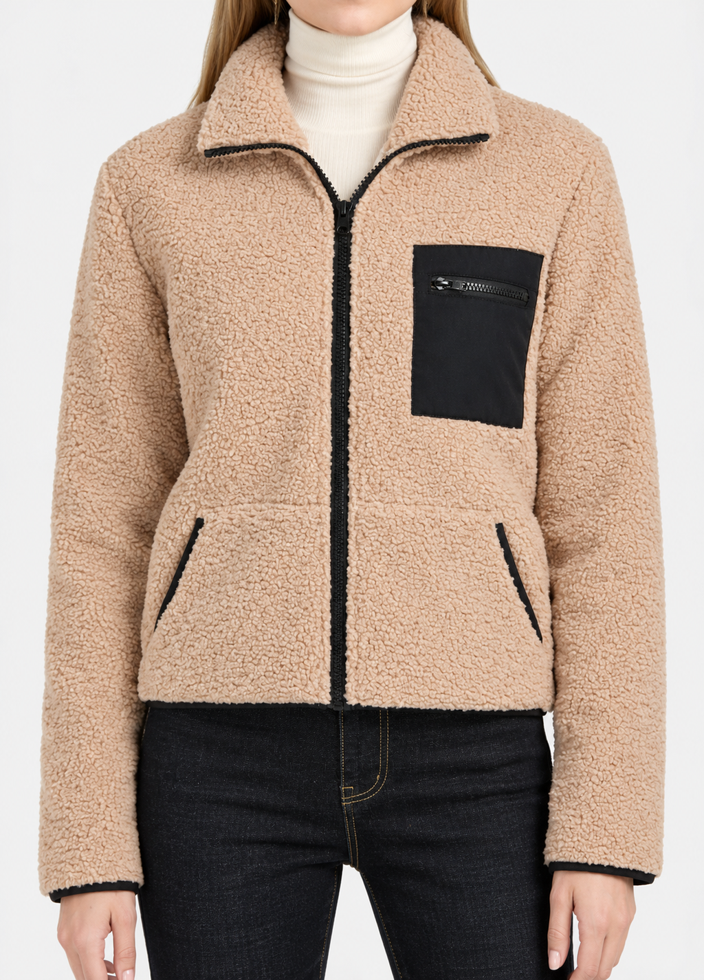 Women's Camel Fluffy Jacket with Lapel Collar