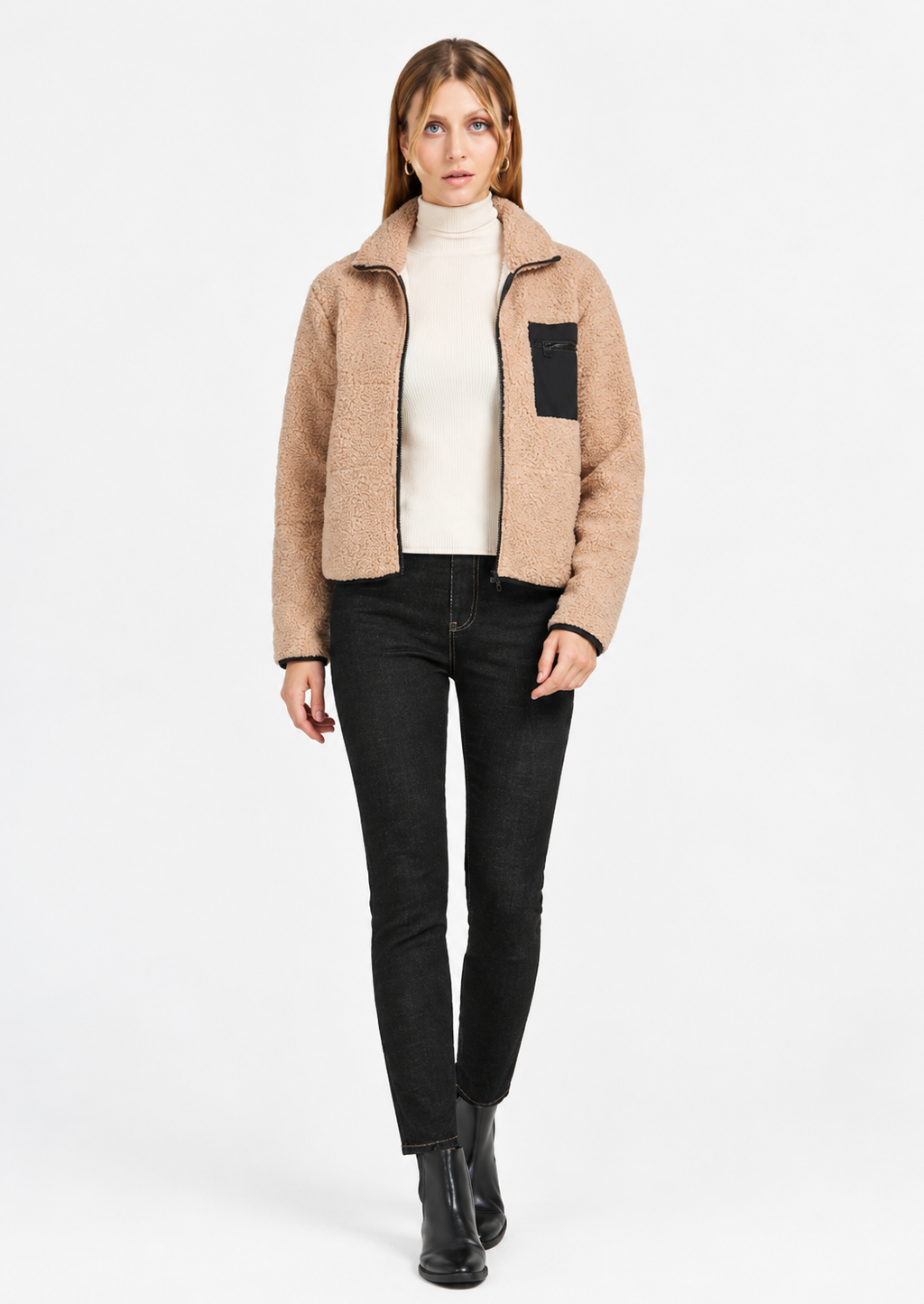 Women's Camel Fluffy Jacket with Lapel Collar