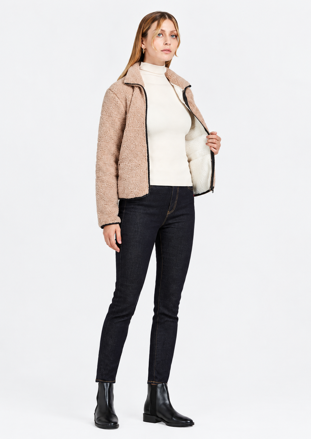 Women's Camel Fluffy Jacket with Lapel Collar