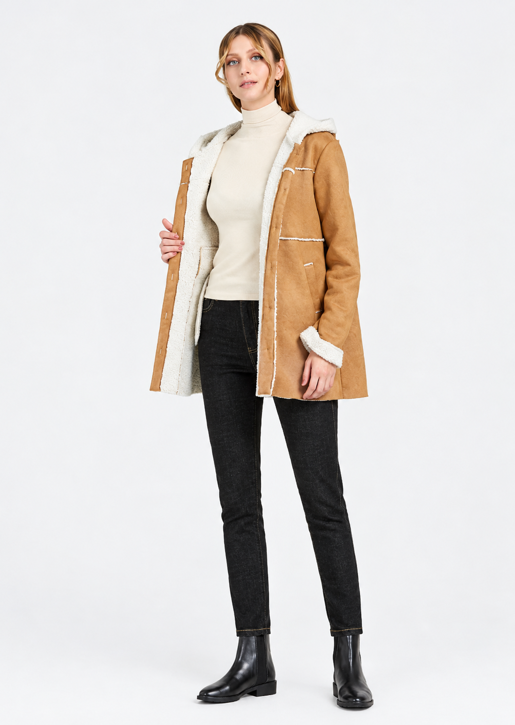 Women's Camel Hooded Mid-Length Coat with Button Closure