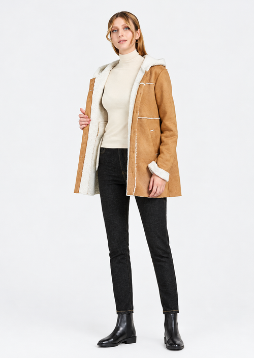 Women's Camel Hooded Mid-Length Coat with Button Closure