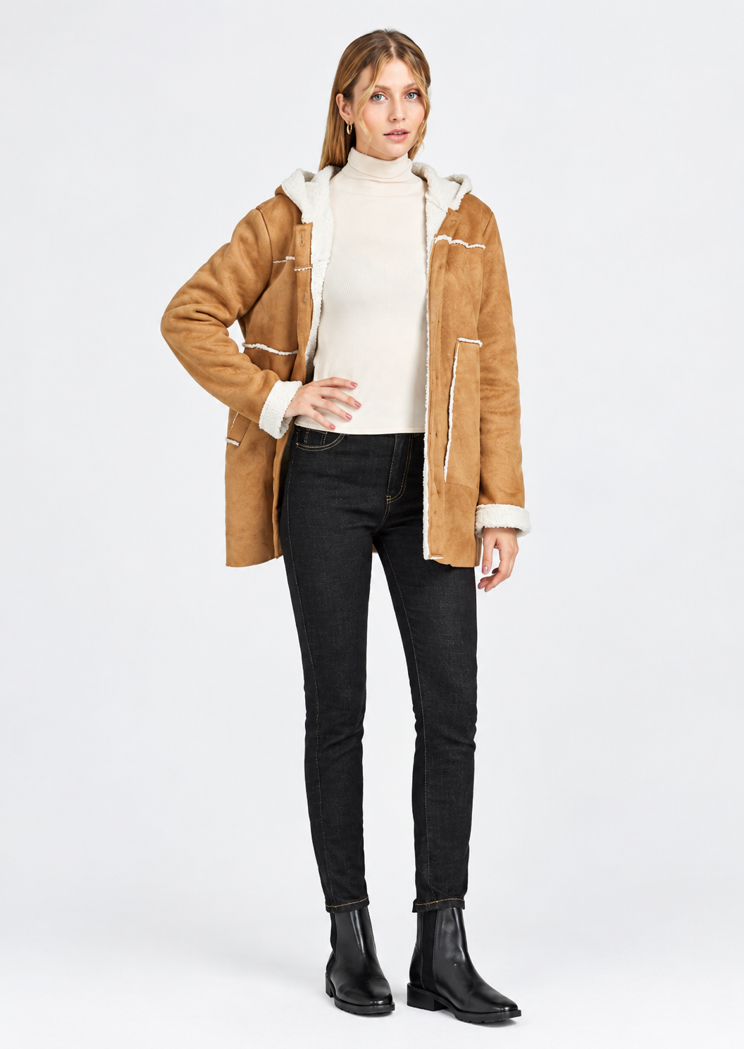 Women's Camel Hooded Mid-Length Coat with Button Closure