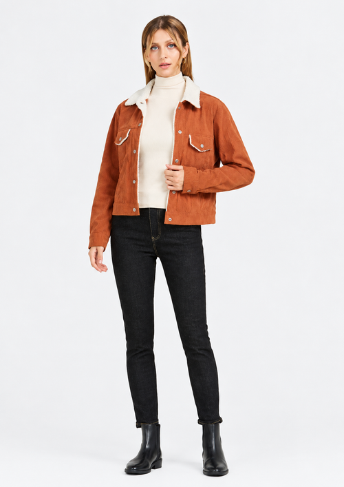 Women's Chocolate Corduroy Jacket with Lapel Collar