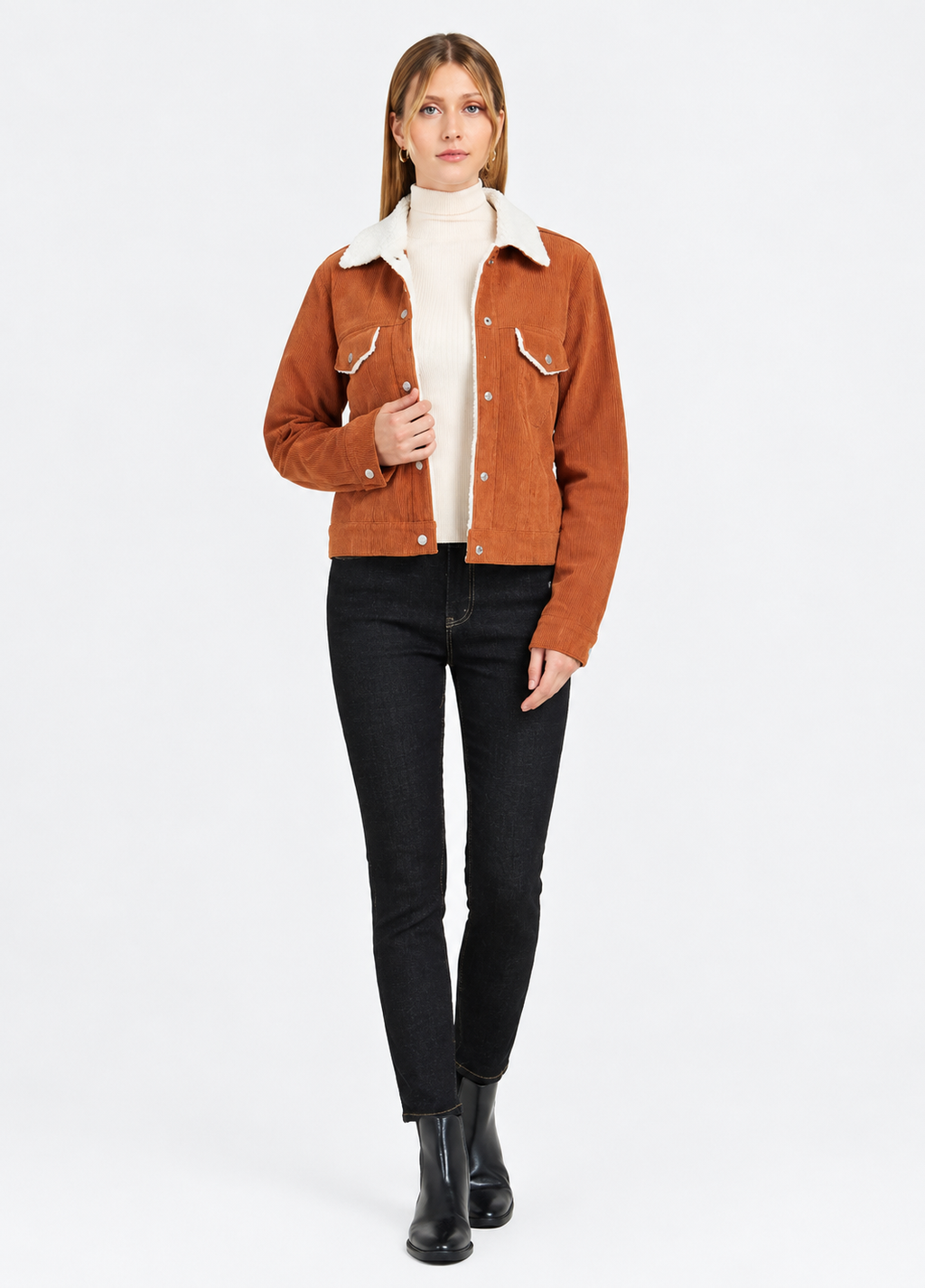 Women's Chocolate Corduroy Jacket with Lapel Collar