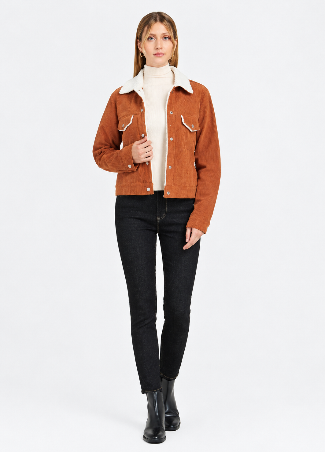 Women's Chocolate Corduroy Jacket with Lapel Collar