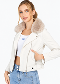 Women's White Cropped PU Leather Jacket with Faux Fur Lapel