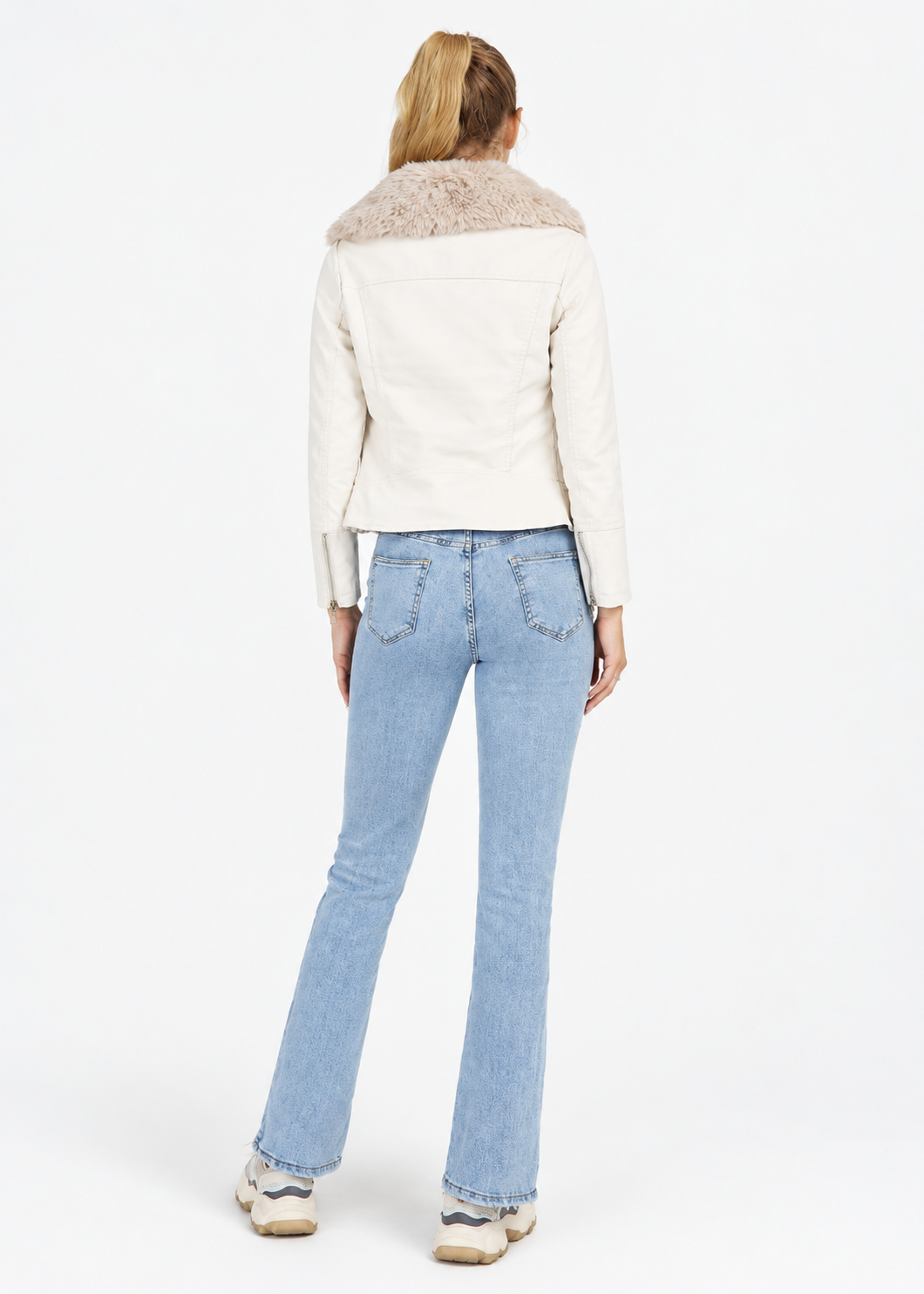 Women's White Cropped PU Leather Jacket with Faux Fur Lapel