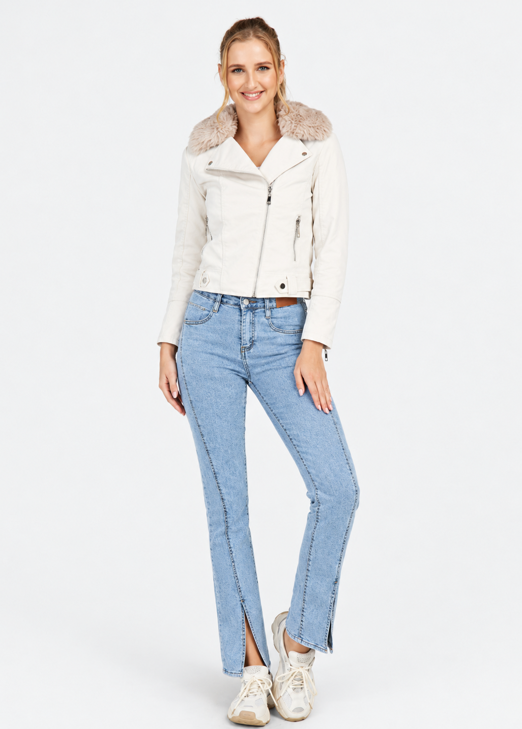Women's White Cropped PU Leather Jacket with Faux Fur Lapel